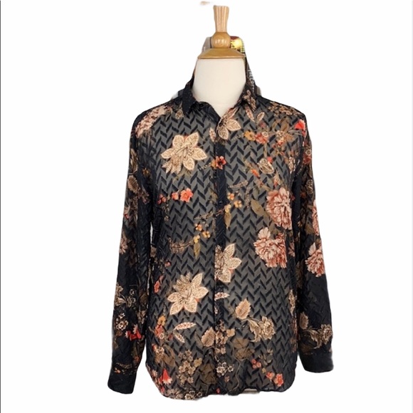 Zara Relaxed Fit Black Sheer Floral Blouse